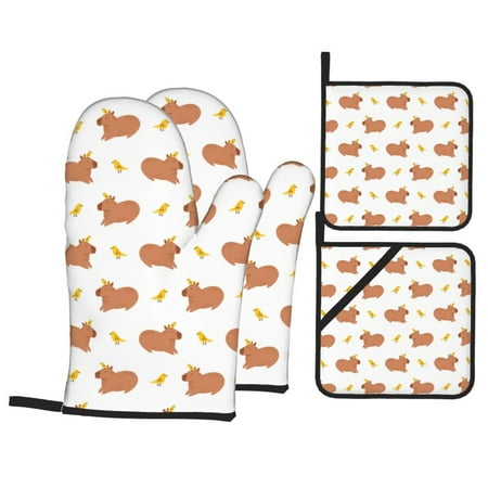 

Oven Mitts and Pot Holders 4 pcs Set Bird Capybaras Print Heat Resistant Pot Holders Oven Mitts for kitchen Non-Slip Hanging Loop Oven Glove Potholders for Baking Cooking