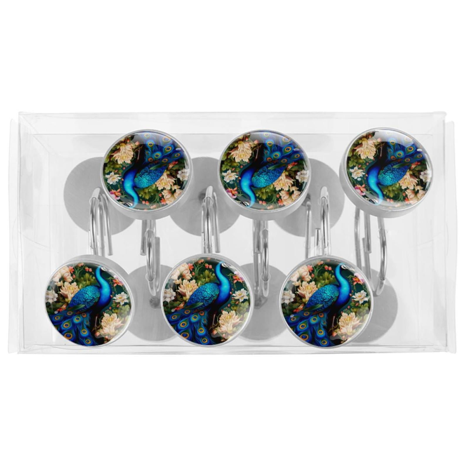 Peacock Shower Curtain Hooks （Set of 12） for Home Hotel Shower Rods Bathroom Crystal Glass Print Stainless Steel Round Curtain Hooks