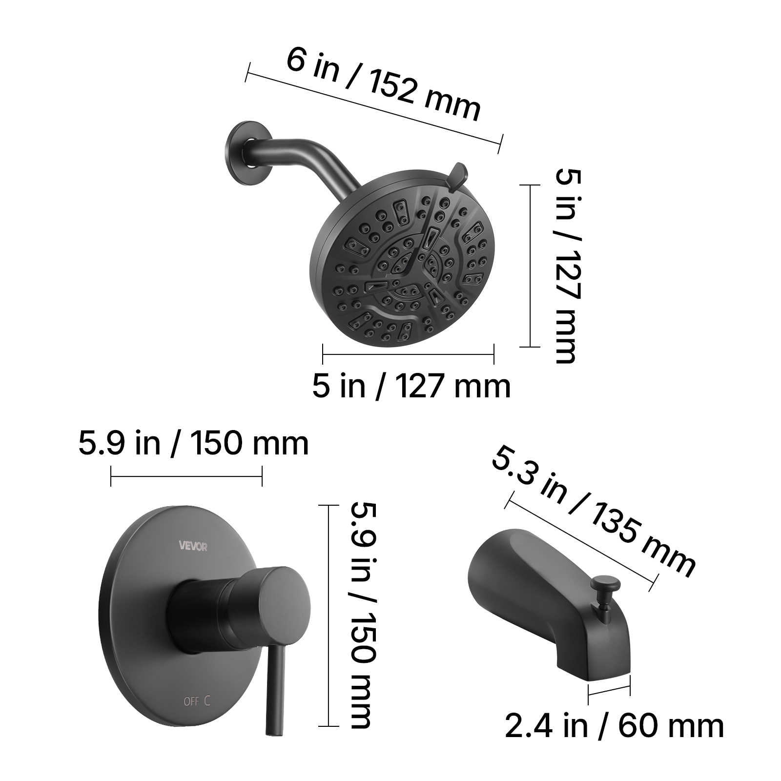 VEVOR Tub and Shower Faucet Set, Complete with 5-Inch Rainfall Shower Head and Bathtub Spout, 8-Setting Adjustable Spray, Single-Handle Tub Trim Kit with Brass Pressure Balancing Valve, Matte Black