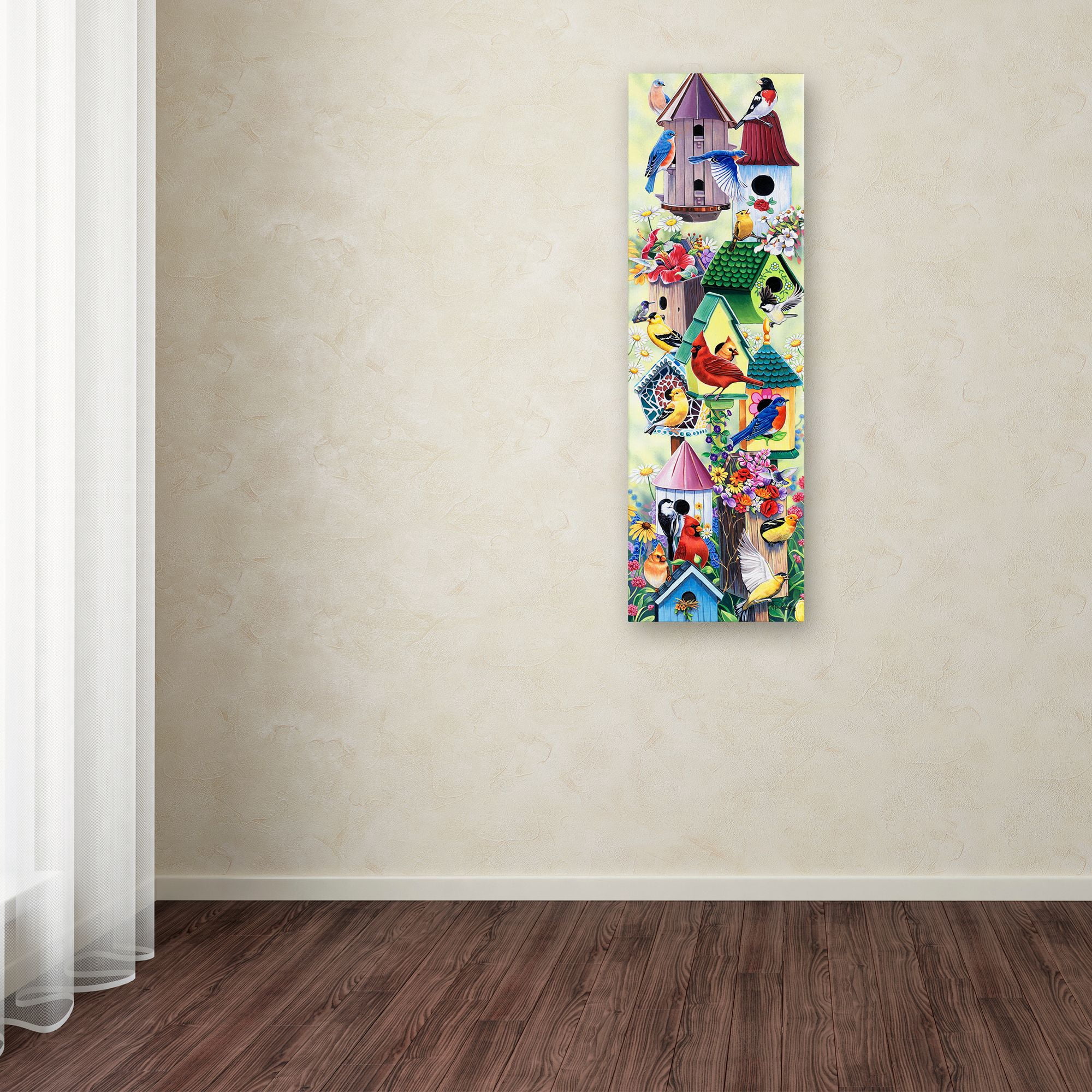 Trademark Fine Art 'Birdhouses and birds tower' Canvas Art by Jenny Newland