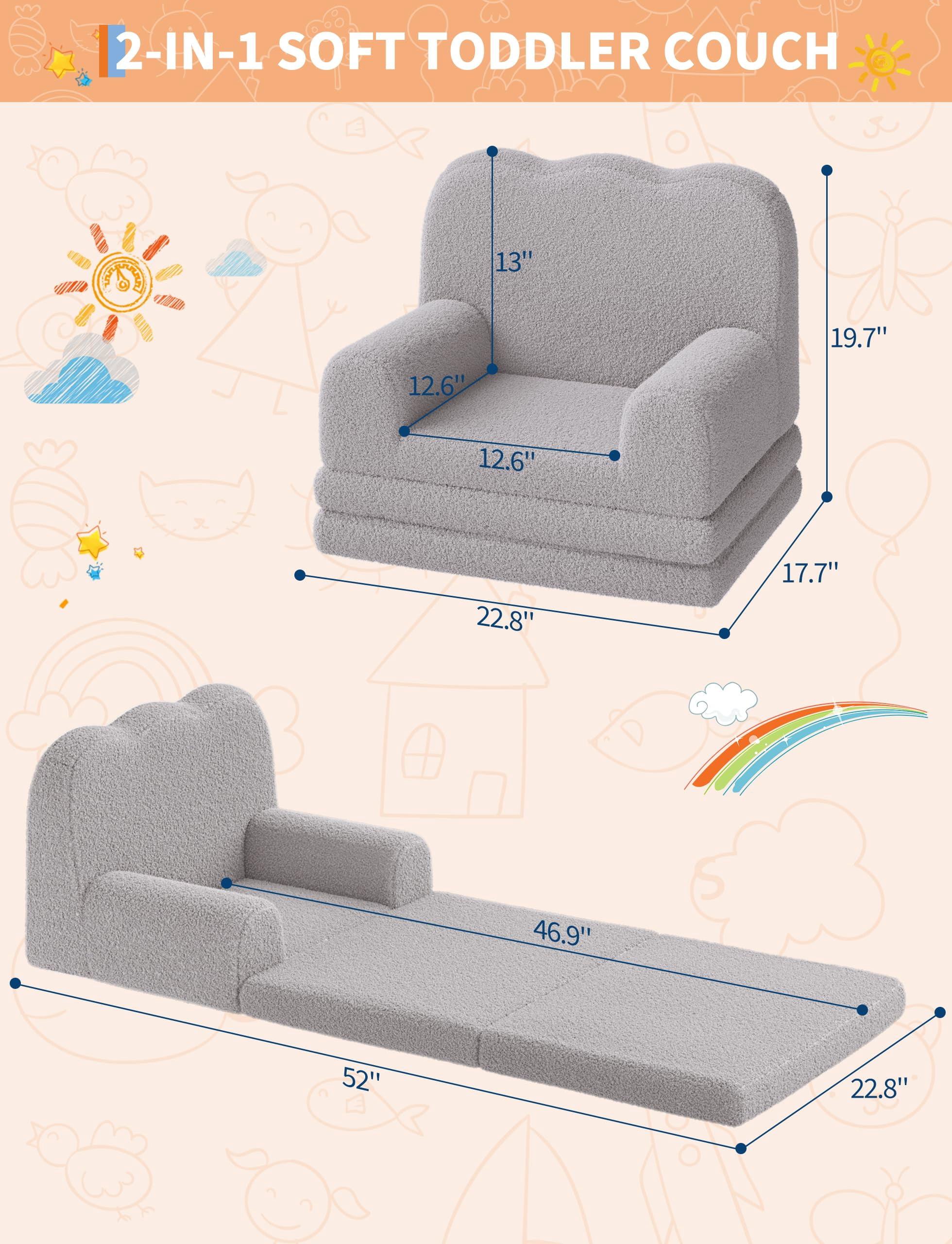 Luku Kids Couch, 2-in-1 Convertible Toddler Sofa Chair with Teddy Fleece, Soft Fold-Out Lounger for Playroom