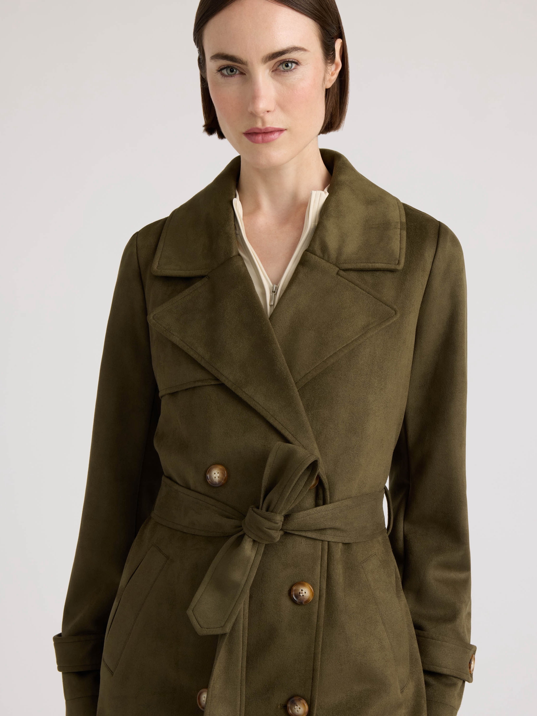 NOVELTI Womens Faux Suede Longline Belted Trench Coat with Side Pockets