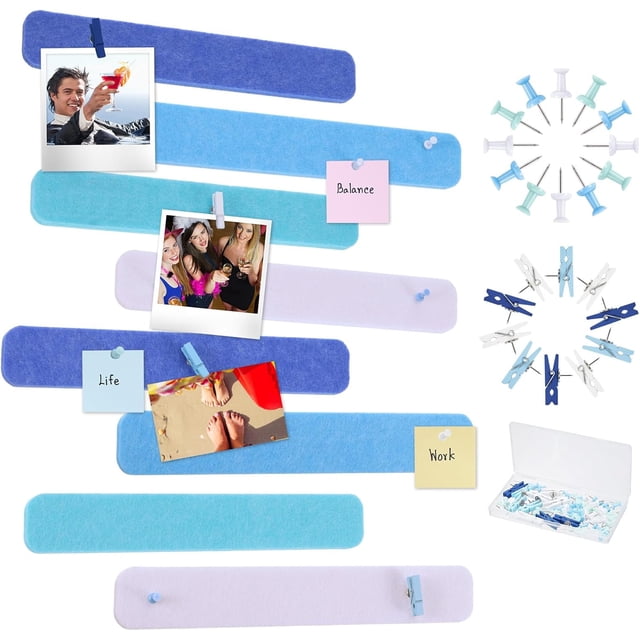 Set of 8 felt bulletin board strips with 35 pushpins; self-adhesive cork boards suitable for displaying photos, posting notes, and scheduling in offices and homes.,Blue