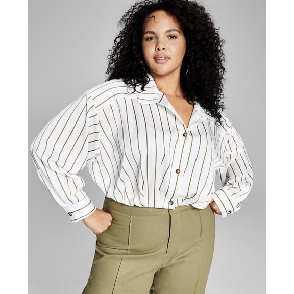 And Now This Women's Trendy Cropped Woven Shirt Olive White Plus Size 1X