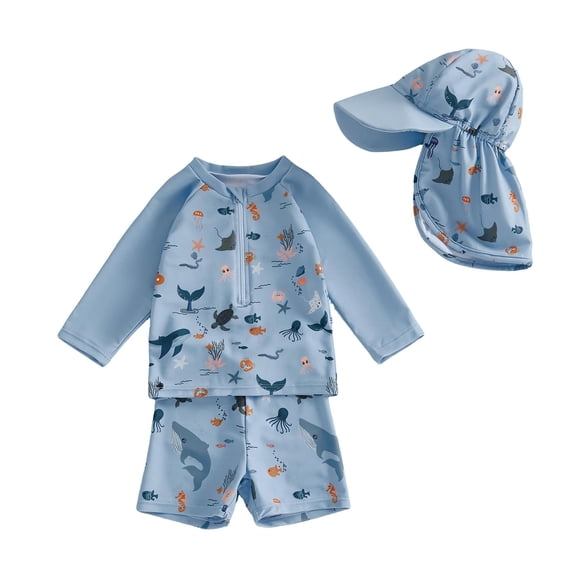 WAYUTE Baby Boy Swimsuit Long Sleeve Rash Guard Swim Trunk with Hat Set 3 Piece Toddler Bathing Suit Water Activities