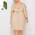 thumbnail image 4 of RYDCOT Summer Dresses for Women 2025,Plus Size Dresses for Curvy Women Elegant Short Sleeve V-Neck Dress Drawstring formal Dresses on Clearance Khaki, 4 of 6