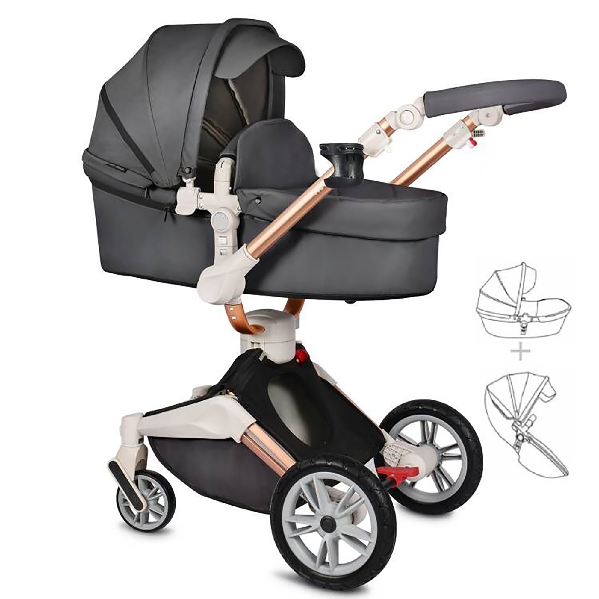 Hot Mom 360 Rotate Baby Stroller 2 in 1 ,Reversible Travel System ,Luxury  Leather Pram,0-48 Months,Dark Grey 