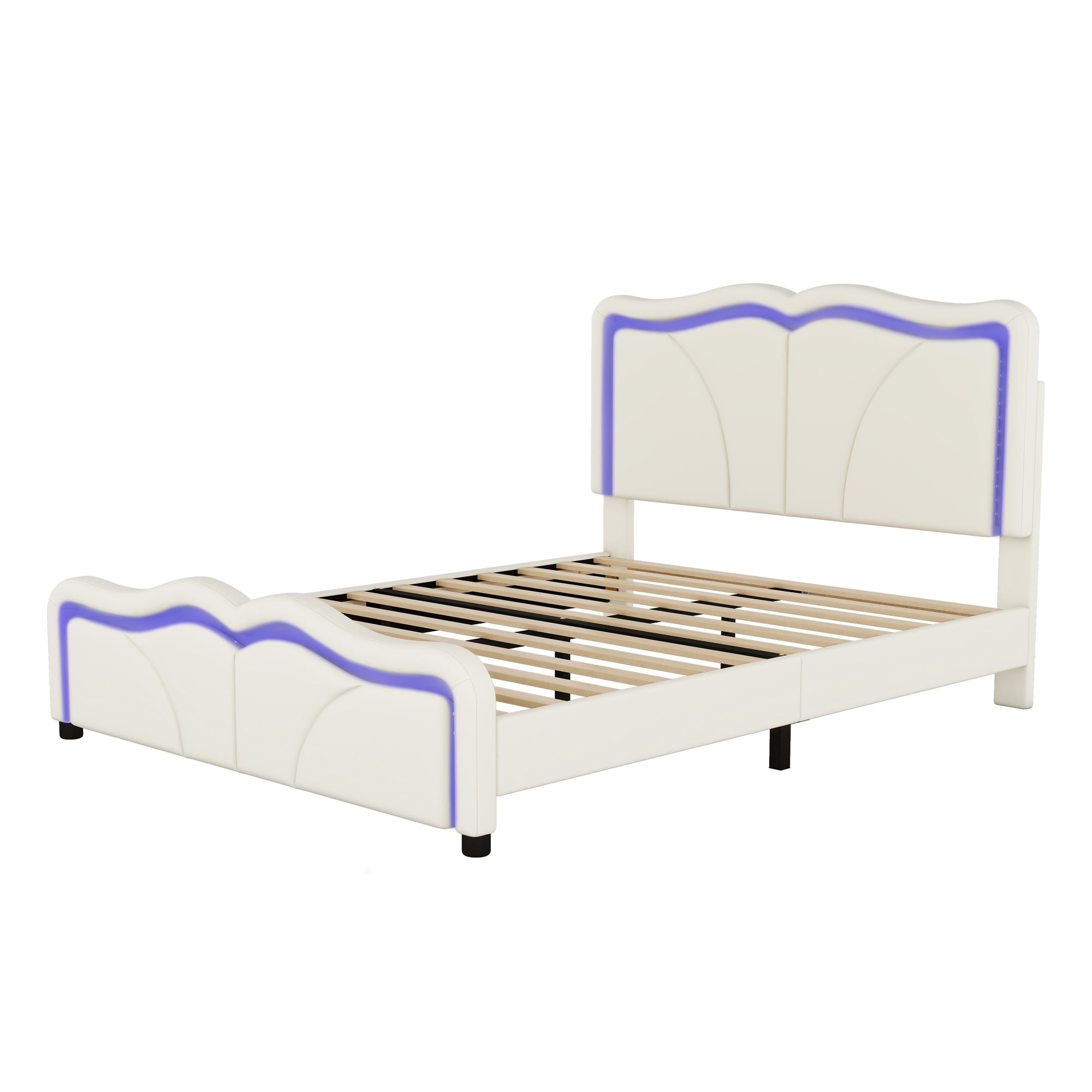 EUROCO Upholstered Full Platform Bed, Cartoon Bed with Adjustable Headboard and LED Light for Toddler Kids Teens Adults, No Box Spring Needed, Beige