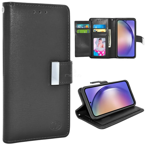 For Samsung Galaxy A54 5G / SM-A546 Dual layer Shockproof Protection Double Flap Folio Card Slot Leather Magnetic Closure Wallet Pouch Case Cover Black