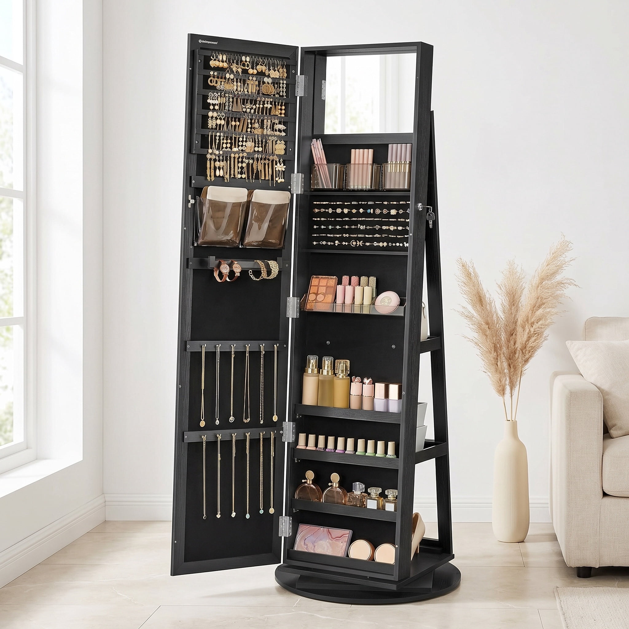 Nordic Hygge 360° Swivel Lockable Jewelry Cabinet with Full-Length Mirror & Rear Storage – Black