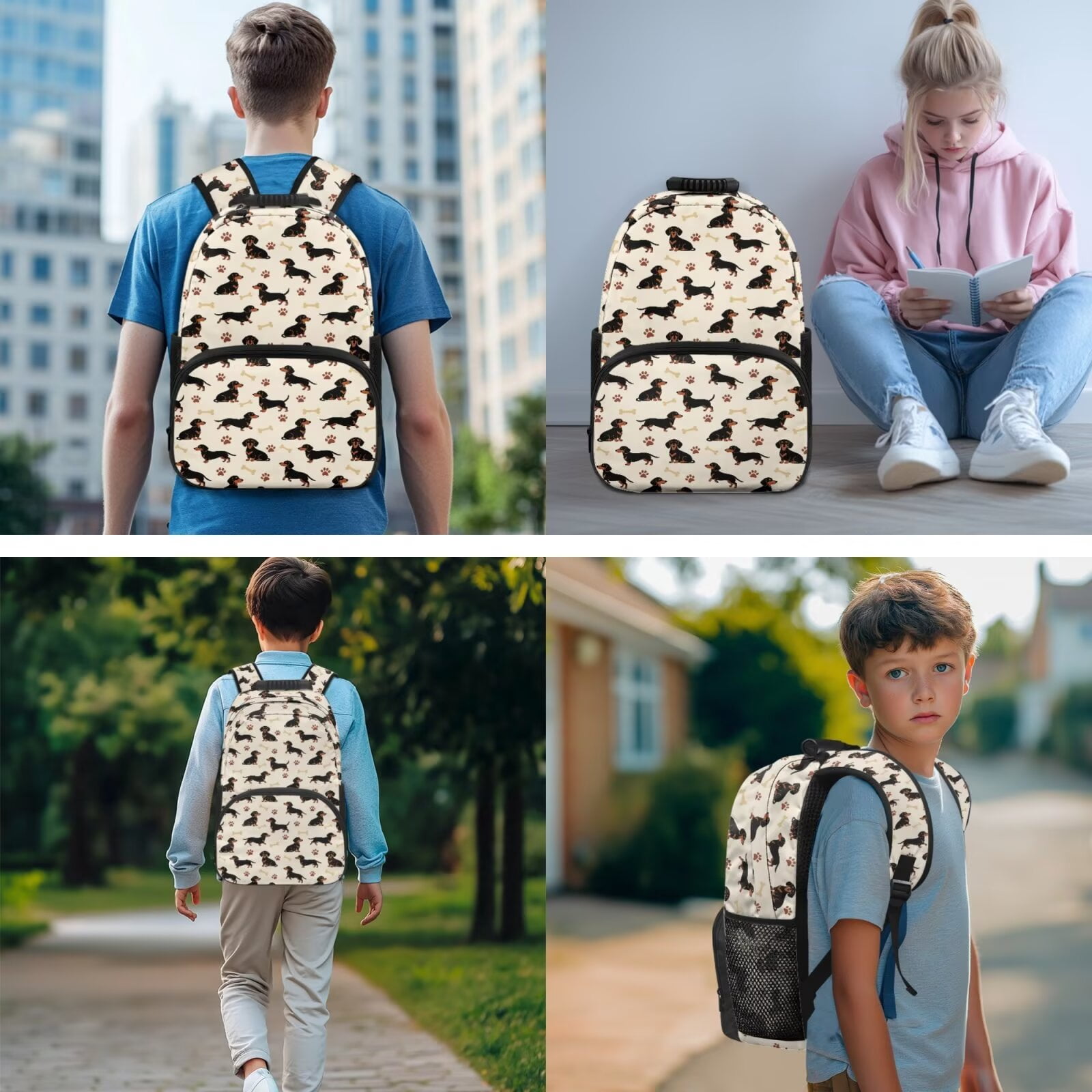 Pzuqiu Cute Dachshund 4 Piece School Backpack Set with Lunch Box Pencil Case Kawaii Backpacks for School Girls with Adjustable Shoulder Strap Large Capacity Student Bag for Teens