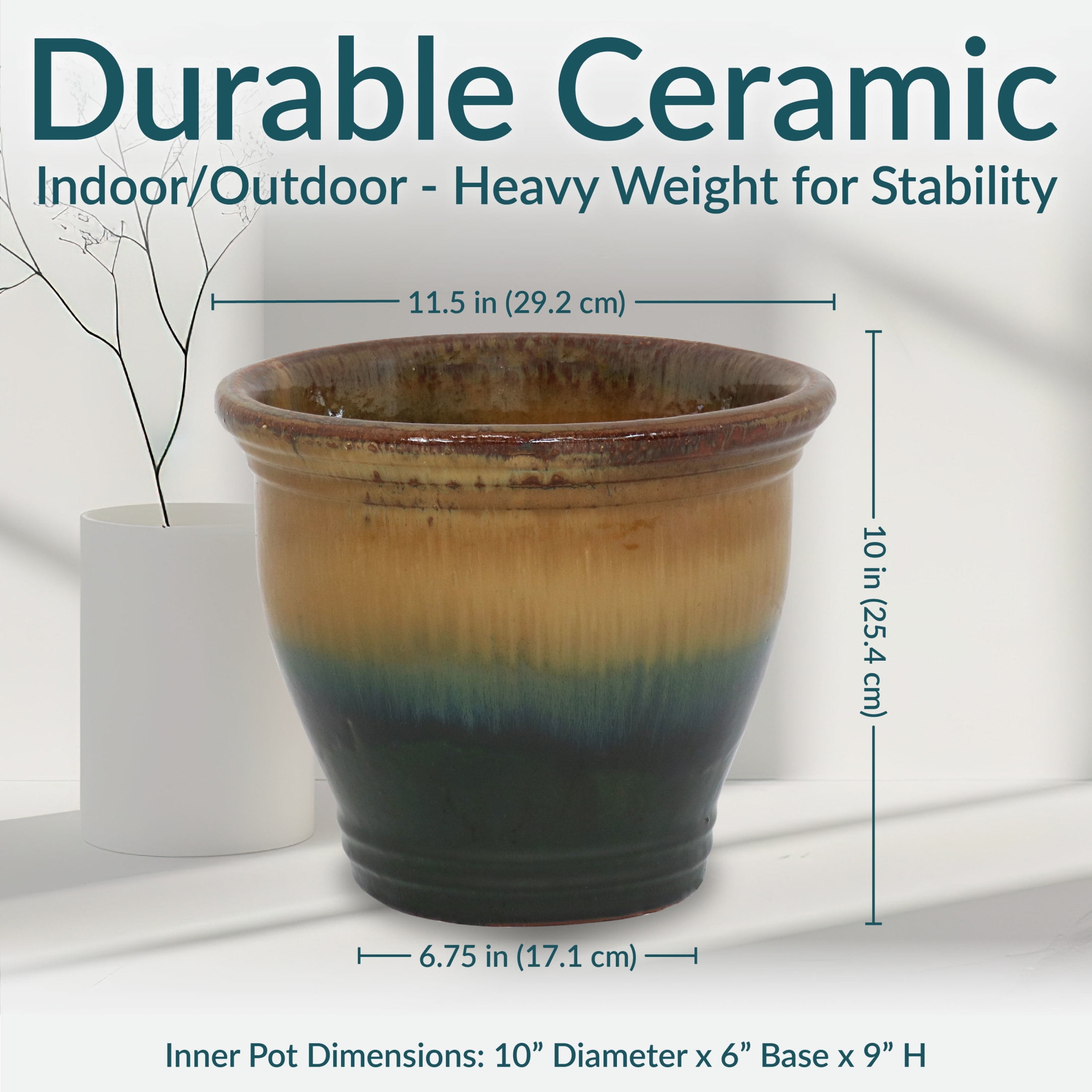 Sunnydaze Studio 11.5" x 11.5" x 10" Round Forest Green Ceramic Outdoor Planter 2-Count