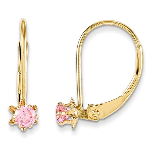 14k Yellow Gold 0.5IN Long Children's Leverback 3mm Pink Cubic Zirconia Earrings by Jewelrypot