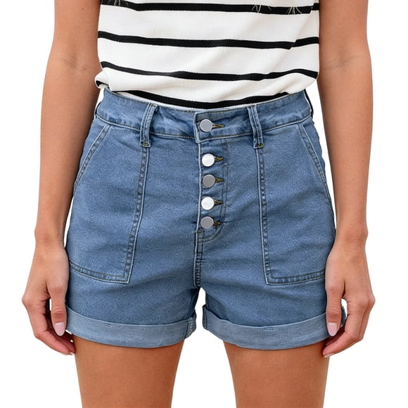 Gpoecd Womens Denim Shorts High Waist Casual Summer for Soft Stretch Workout Elastic Waistband Lightweight Breathable Short Jeans for Women Blue,S