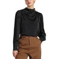 thumbnail image 1 of Blusa de satén para mujer Inspire Chic con cuello alto, mangas abullonadas y pliegues, color negro, 1 of 6