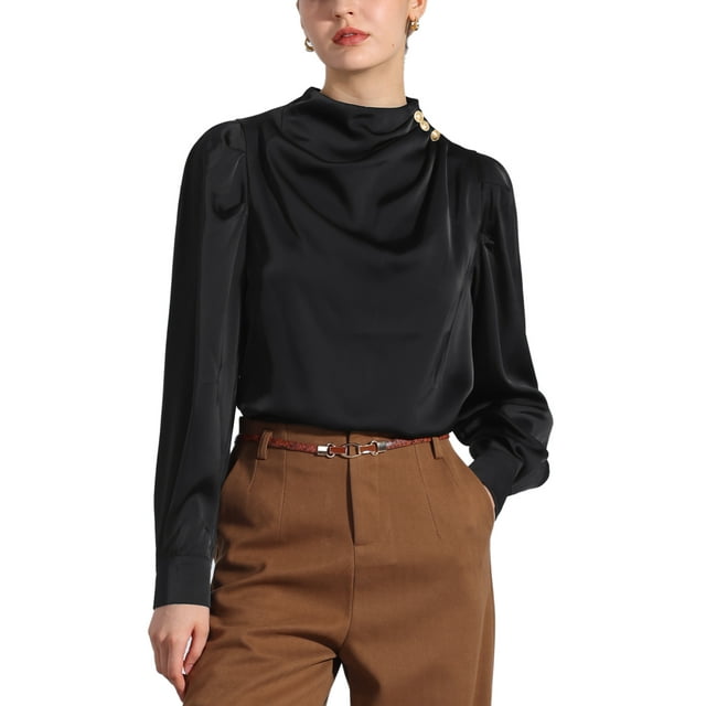 Blusa de satén para mujer Inspire Chic con cuello alto, mangas abullonadas y pliegues, color negro