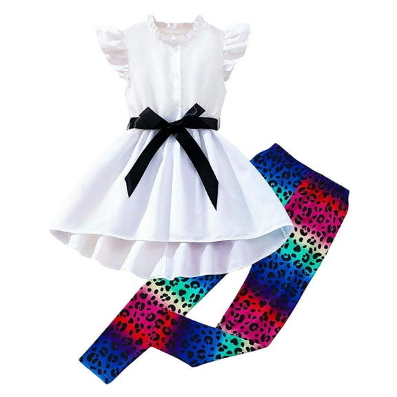 XUELUO Kids Girls Outfit Sets Summer Solid Color Round Neck Flutter Sleeve Bowknot Tops Skirt And Leopard Print Pants Fashion Casual Streetwear,White,9-10 Years