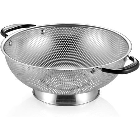

Stainless Steel Colander Easy Grip Micro-Perforated 5-Quart Colander Strainer with Riveted and Heat Resistant Handles BPA Free. Great for Pasta Noodles Vegetables and Fruits
