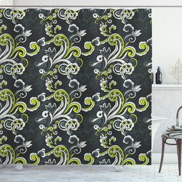 Floral Shower Curtain, Vintage Foliage Ornate Motif with Swirling Leaves Doodle Style, Fabric Bathroom Set with Hooks, 69W X 75L Inches Long, Charcoal Grey Yellow Green White, by Ambesonne
