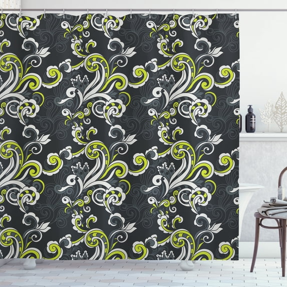 Floral Shower Curtain, Vintage Foliage Ornate Motif with Swirling Leaves Doodle Style, Fabric Bathroom Set with Hooks, 69W X 75L Inches Long, Charcoal Grey Yellow Green White, by Ambesonne