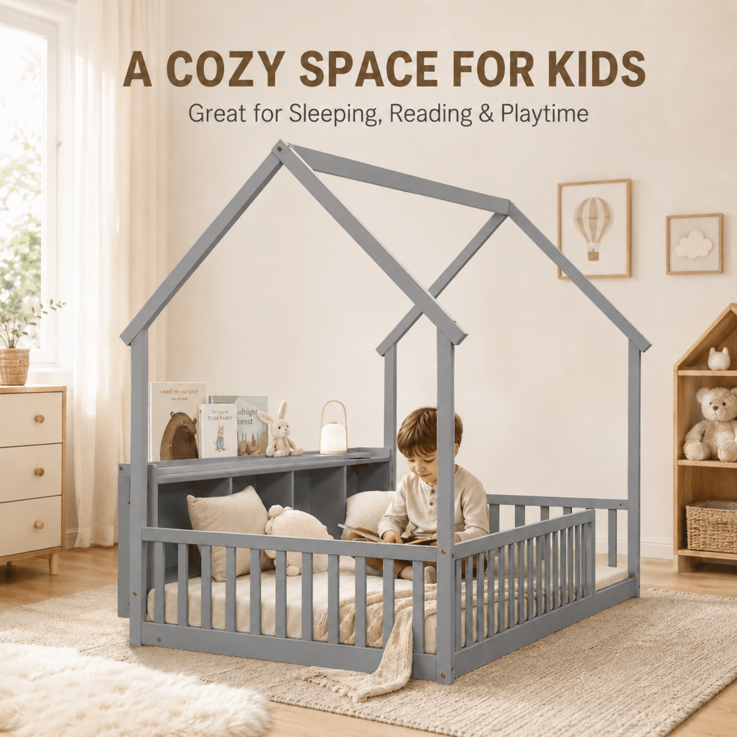 Miniyam Twin House Bed for Kids, Floor Bed with Storage, LED, Charging Station, Gray