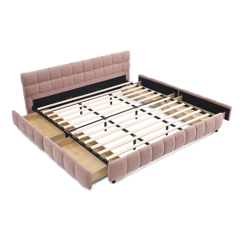 King Size Upholstered Platform Bed with 4 Storage Drawers, Low-Profile Chenille Grounded Bed with Headboard and Solid Frame, No Box Spring Needed