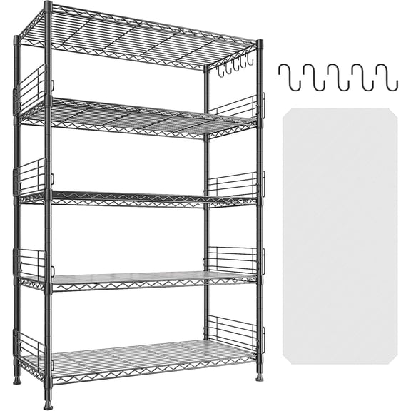 71.5‘’H Wire Shelving Unit,5 Tier Metal Shelving Pantry Kitchen Shelves with Side Blockers,Adjustable Standing Storage Shelves Rack with Hooks,Shelf Liners,Wire Shelf for Utility Room,Basement,office