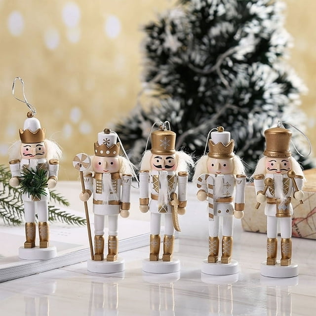5Pcs Nutcrackers Figurines Set, Christmas Wooden Nutcrackers Soldier with Base and Rope, Cartoon Nutcracker Puppet Gift Box, Nutcracker Christmas Desk Decorations Kids for Home Bedroom Christmas Decor