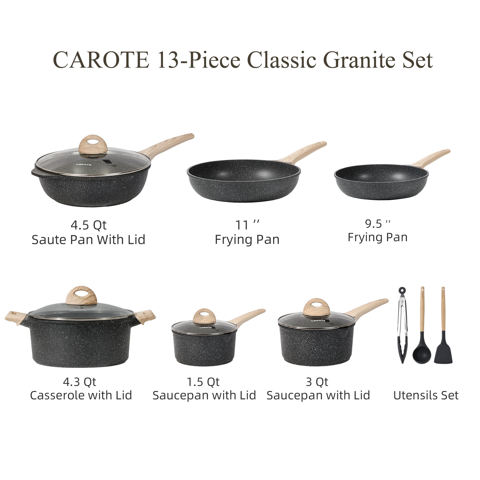 Carote Nonstick Pots and Pans Set, 8 Pcs Granite Stone Kitchen Cookware  Sets (Black)