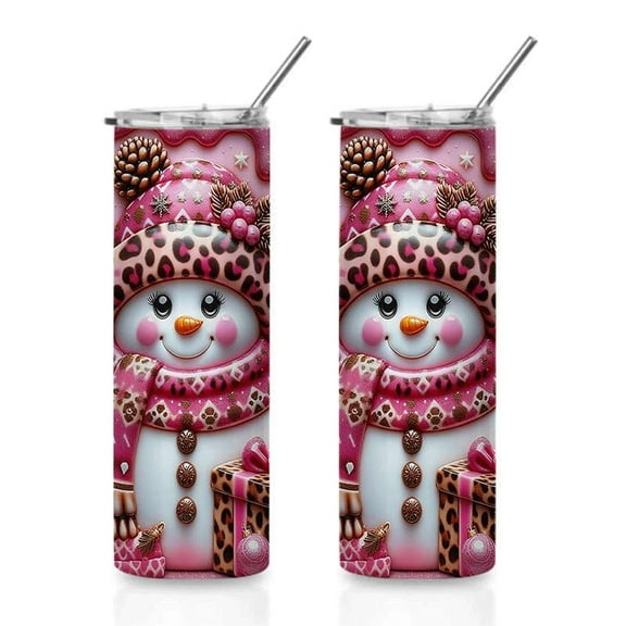 Christmas Snowman Skinny Coffee Cup with Lid and Straw, Leopard Style Stainless Steel Insulated Tumbler Mug for Winter Holiday Gifts