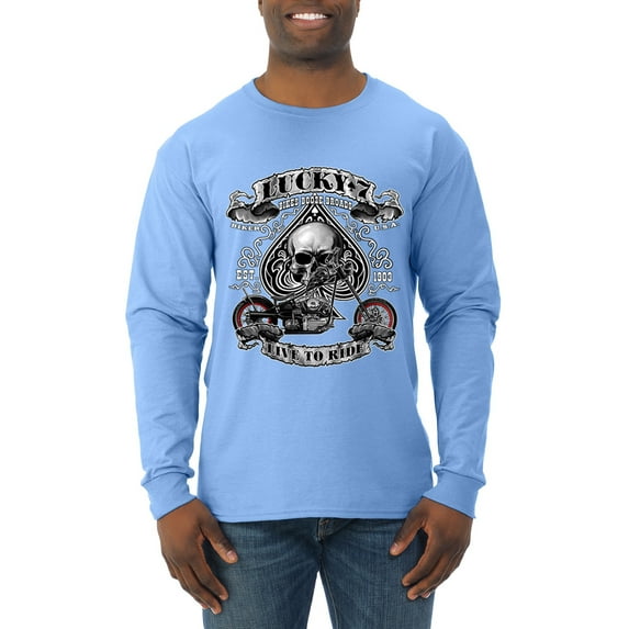 Lucky 7 Live to Ride Bikes Booze Broads USA Est 1903 | Mens Fashion Long Sleeve T-Shirt, Light Blue, 3XL