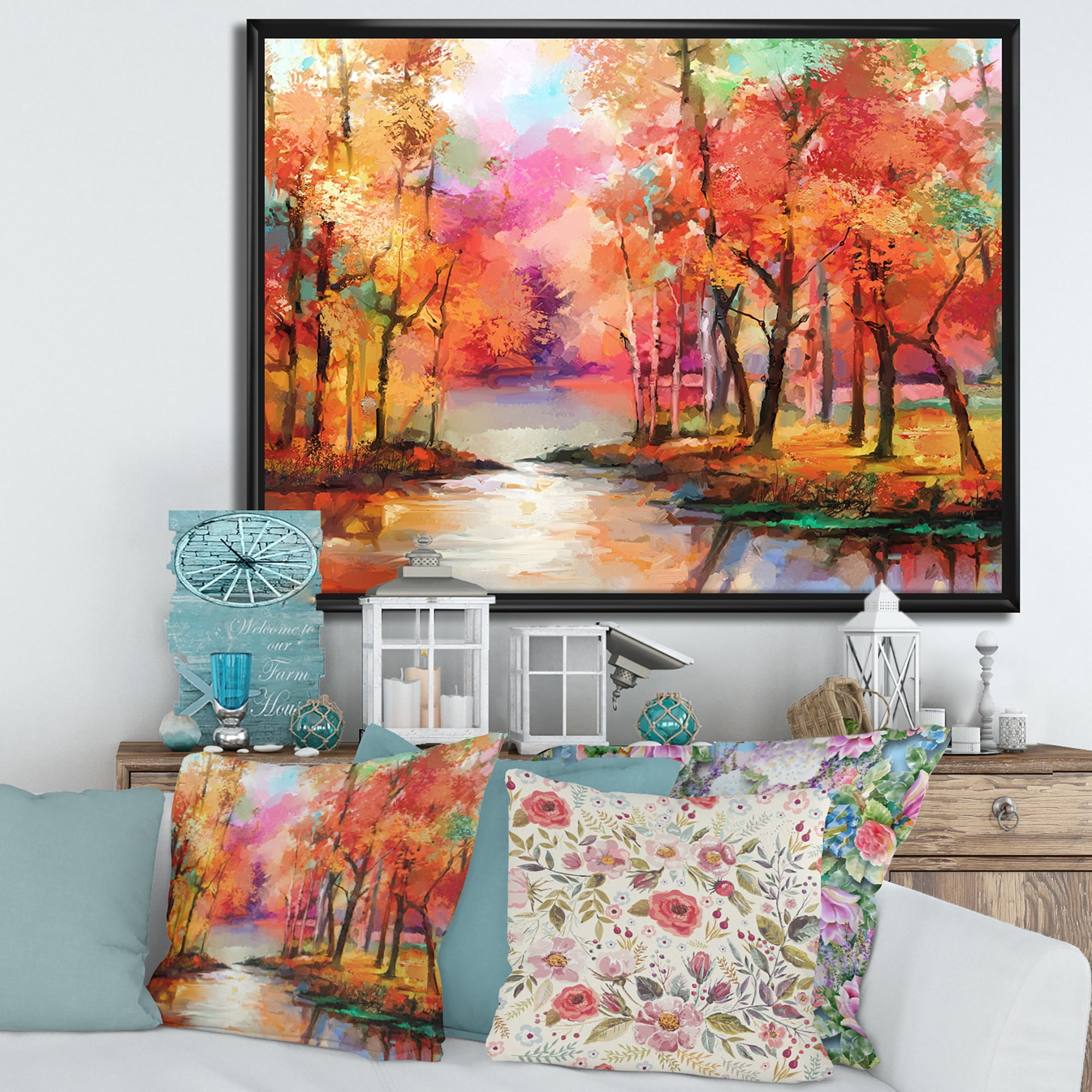 Designart 'The Lake In Autumn By Colorful Autumn Trees' Modern Framed Canvas Wall Art Print