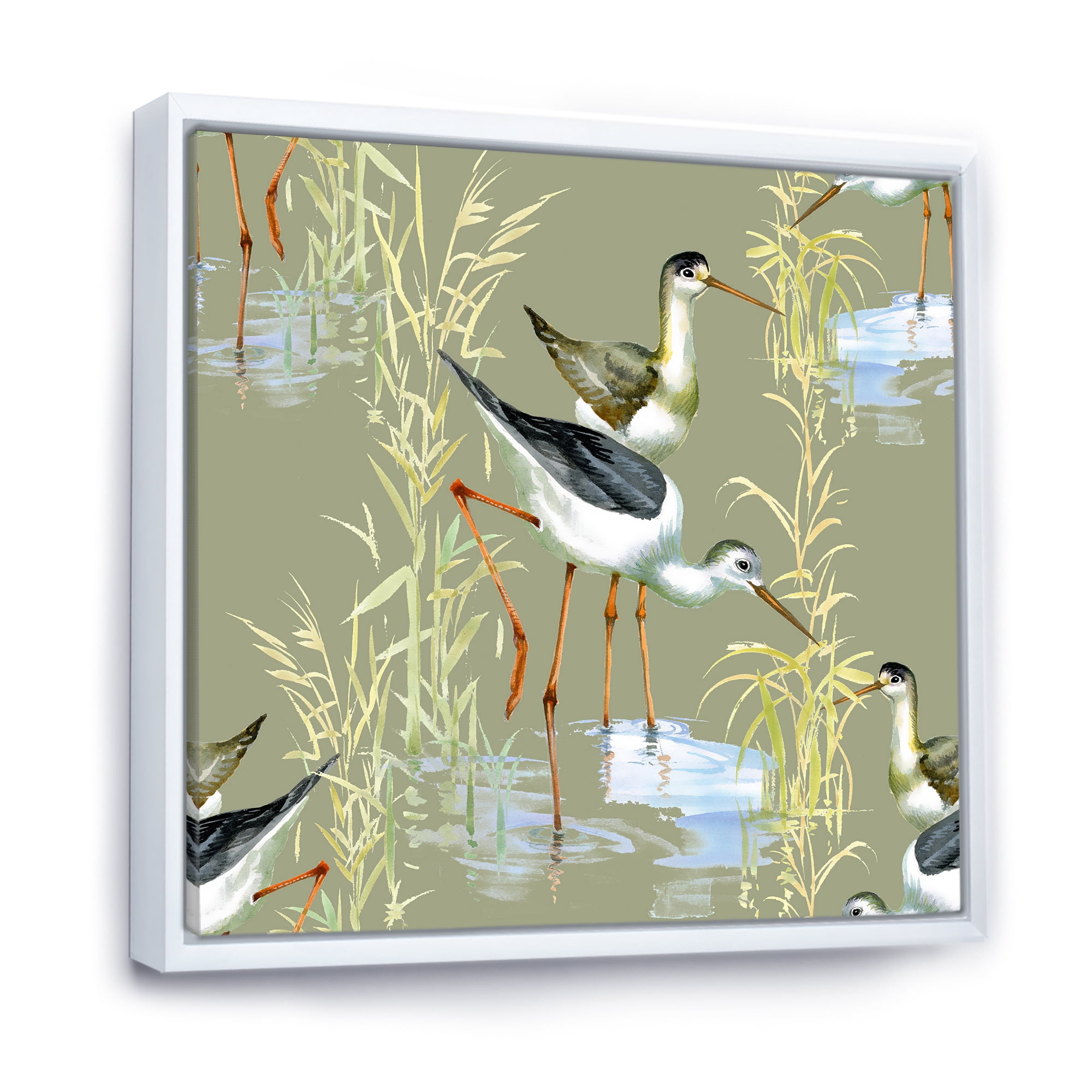 Herons Birds In The Gray Water 16 in x 16 in Framed Painting Canvas Art Print, by Designart