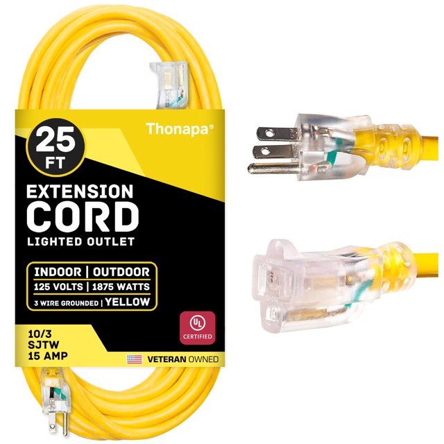 Thonapa Rallonge de 25 Pi 10 Gauge, Rallonge Extérieure Robuste et Résistante aux Intempéries 10 AWG 25 Pieds, SJTW Fiche Éclairée à 3 Broches Câble Jaune 10/3 15 Amp, Idéal pour Grands Électroménagers et Outils de Jardin