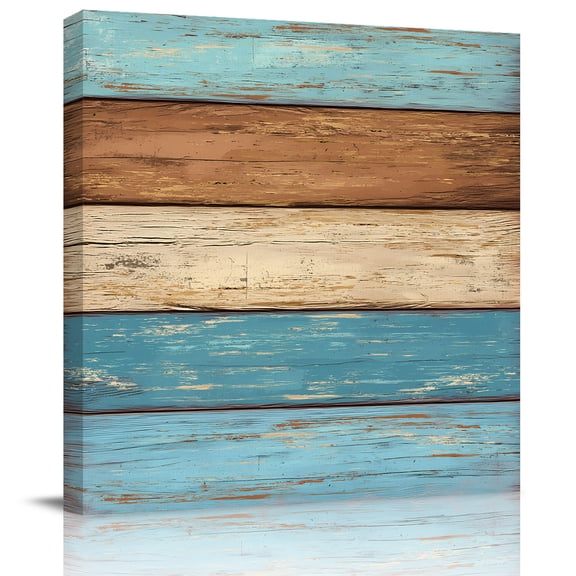 Wall Art Prints, Farmhouse Light Blue Brown Framed Canvas Prints for Bedroom Living Room Bathroom Office, Vintage Wooden Striped Gallery Wrap Wall Art Poster for Gifts Home Decor 20"x20"