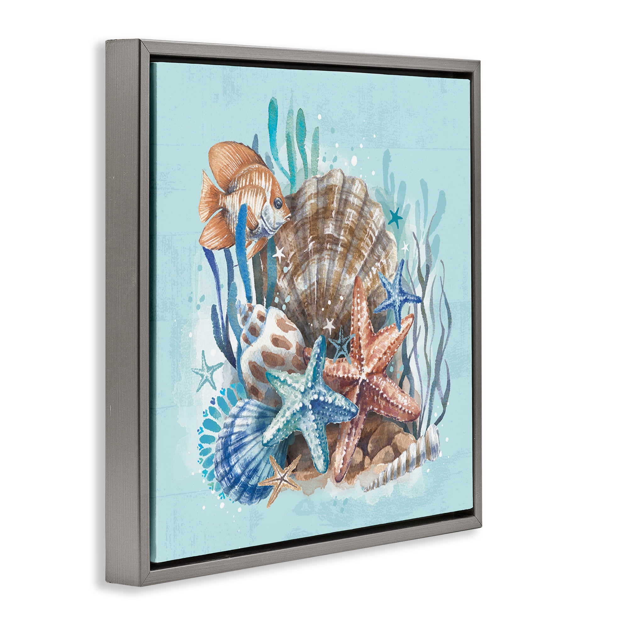 Stupell Industries Seashell Still Life Coastal Painting Gray Floater Framed Canvas Art Print Wall Art, 18 x 18