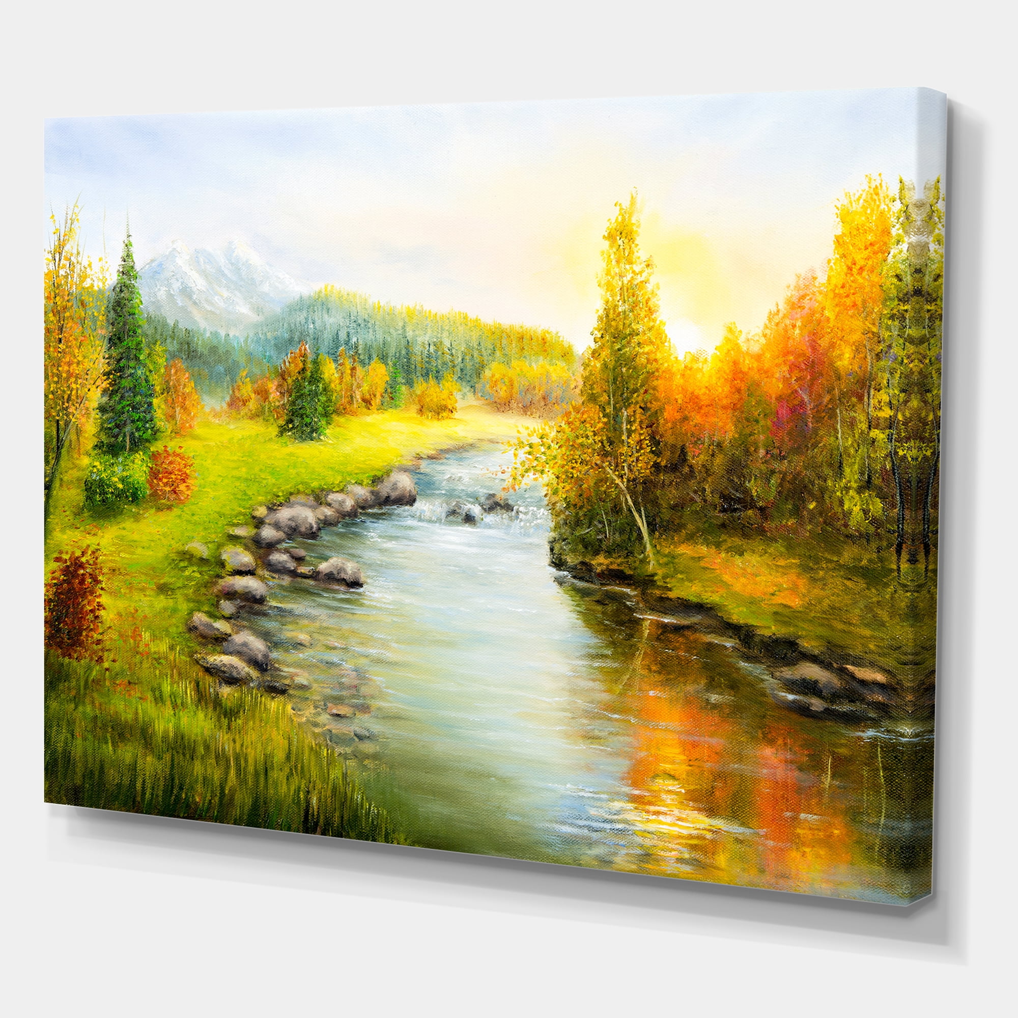 Designart ' Autumn Landscape With Forest River and Mountains ' Lake House Canvas Wall Art Print