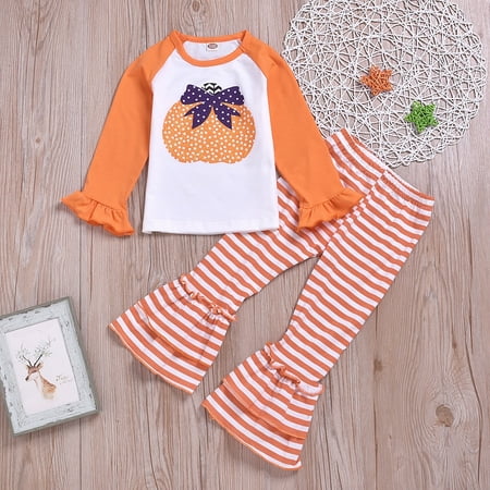 Halloween New Toddler Kids Girl Pants 2 Pieces Outfits Flared Long Sleeve Pumpkin T-Shirts Tops + Striped Bell Pants, Orange 2Pcs