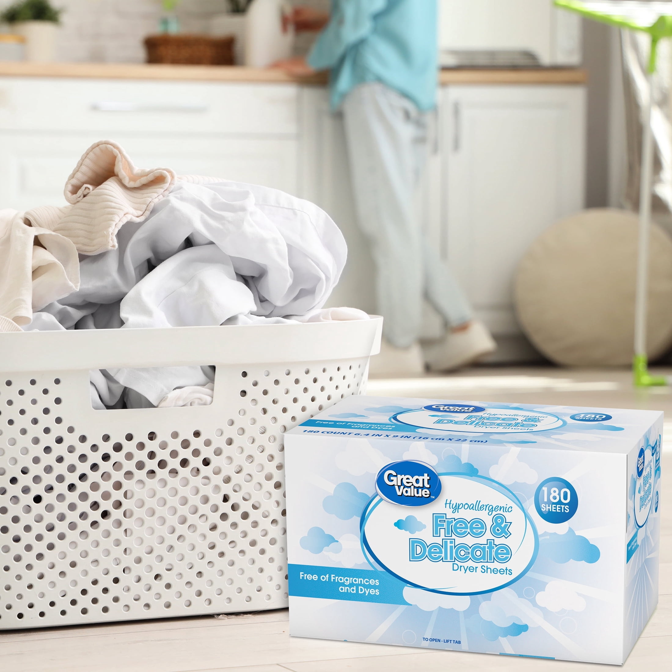 (6 pack) Great Value Free & Delicate Hypoallergenic Dryer Sheets, 180 Count