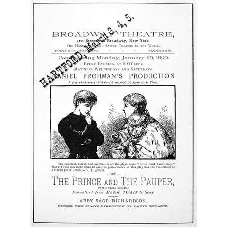 Prince & The Pauper 1890 Nplaybill Cover For A Dramatization Of Mark TwainS Novel The Prince And The Pauper Performed At The Broadway Theatre In New York City Under The Direction Of David Belasco