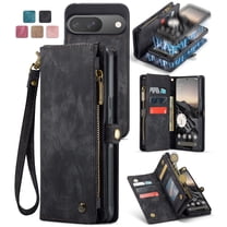 Feishell Durable 2- In-1 Magnetic Detachable Wallet Case for Google Pixel 9 Pro XL,for Women Men,Premium PU Leather Zipper Pocket Flip Multi Card Slots Purse Phone Case with Wrist Strap,Black