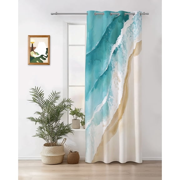 Summer Beach Curtains 72 inches Long for Living Room Bedroom Abstract Teal Beige Gradient Waves Sand Sliding Door Sheer Curtains Light Filtering Curtain 1 Panel Grommet Window Drape