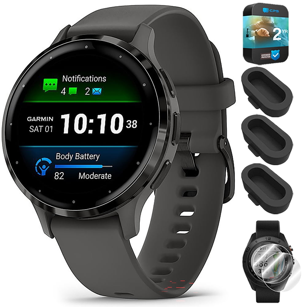 Garmin 010-02785-00 Venu 3S Health Fitness GPS Smartwatch Steel Bezel with Pebble Gray Case 41mm Bundle with Dust Cover 3 Pack, 2-Pack Screen Protector and 2 YR CPS Enhanced Protection Pack