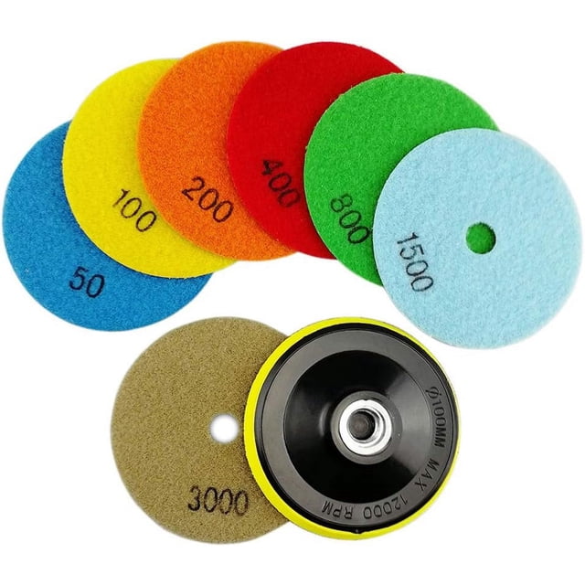 7 discos de pulido de diamante de 4 pulgadas/100 mm para esmeriladora o pulidora, set de almohadillas secas codificadas por color con granos marcados (50,100,200,400,800,1500,3000) y una almohadilla de respaldo de plástico con rosca, para mármol, granito, piedra y hormigón; a menudo usados para pulir muestras y acabados en obra.