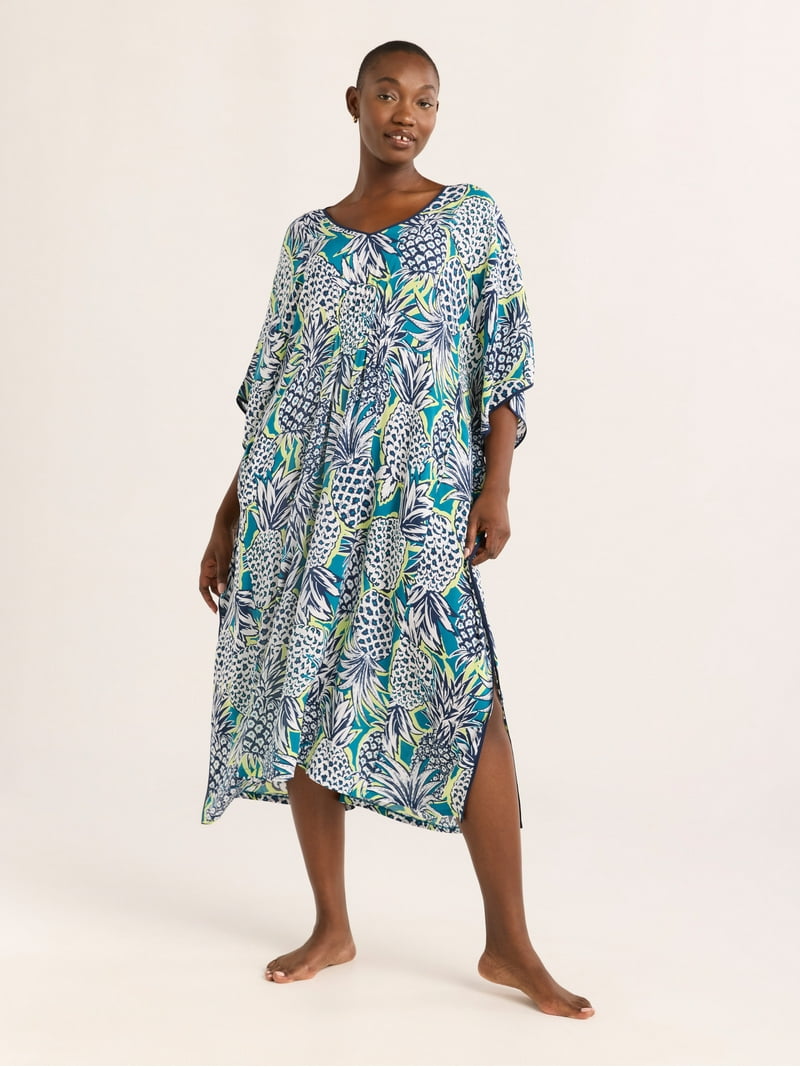 Joyspun Women's Sleepwear Woven Caftan Nightgown 46 inch maxi with