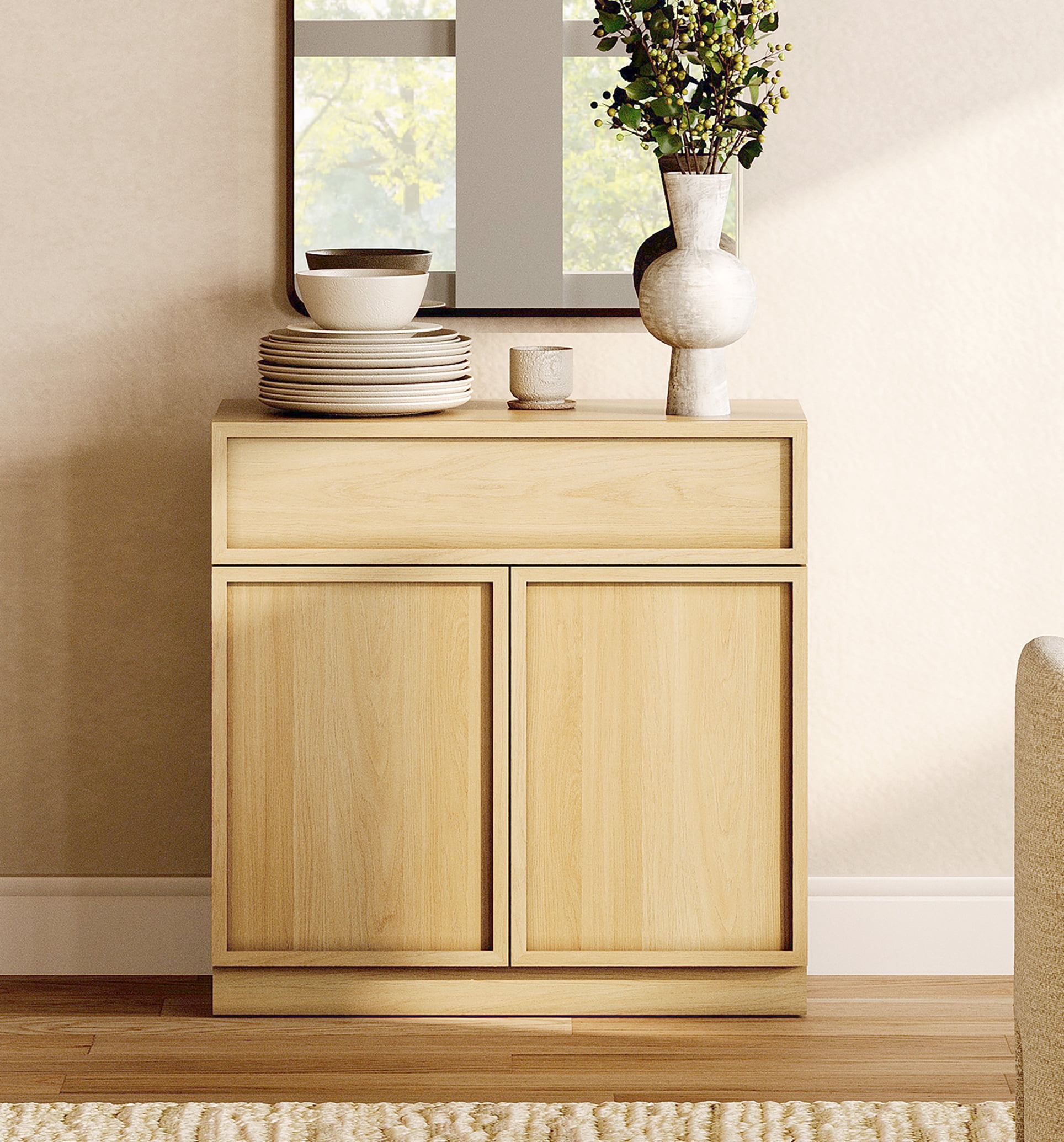 31.5" Modern Sideboard Buffet Cabinet with 2 Doors and Drawer, Multifunctional Sideboard with Large Storage and Adjustable Shelf, Oak