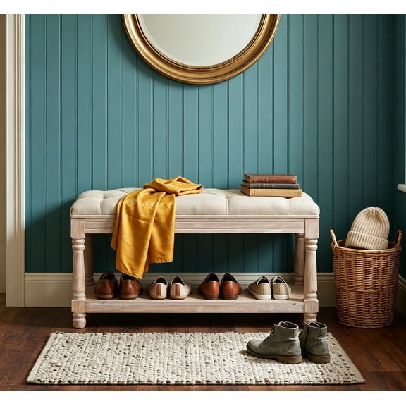 Storage Bench 31.5" W, Button Tufted Small Entryway Bench with Wooden Shoe Rack, End of Bed Bench with Fabric Linen Upholstered Rectangular Seat for Bedroom, Hallway, Small Space, Beige