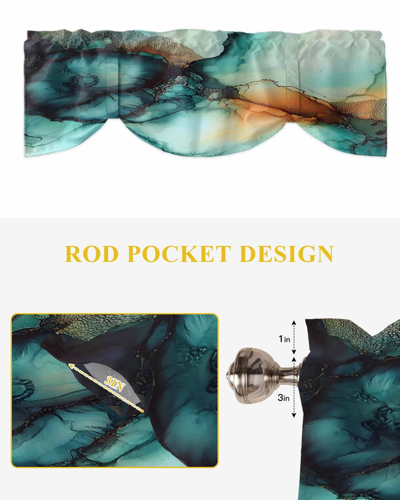 Abstract Water Ripple Art Tie Up Valances Curtain, Teal Green Orange Marble Texture Kitchen Valances for Windows Decor, Rod Pocket Short Curtains Set for Bedroom/Bathroom, 54"x18"