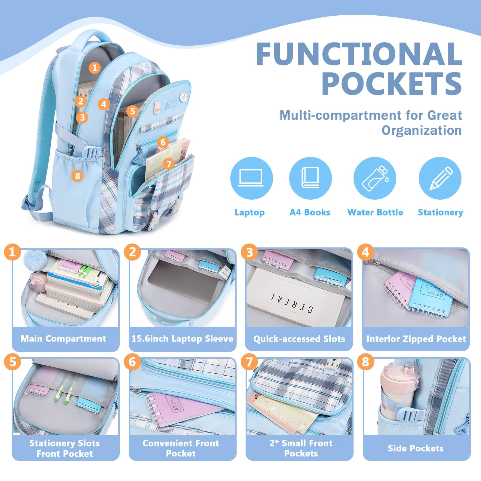 Soda Candy Girls Backpacks for School Kawaii Large Bookbag with Multiple Compartments Lightweight Casual Daypack for Teen Girls Primary Elementary Middle School College, Age 6-14, Blue