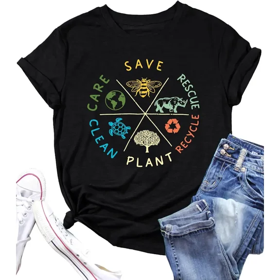Women's Save the Planet Environmental Graphic T-Shirt Nature Conservation Short Sleeve Tee